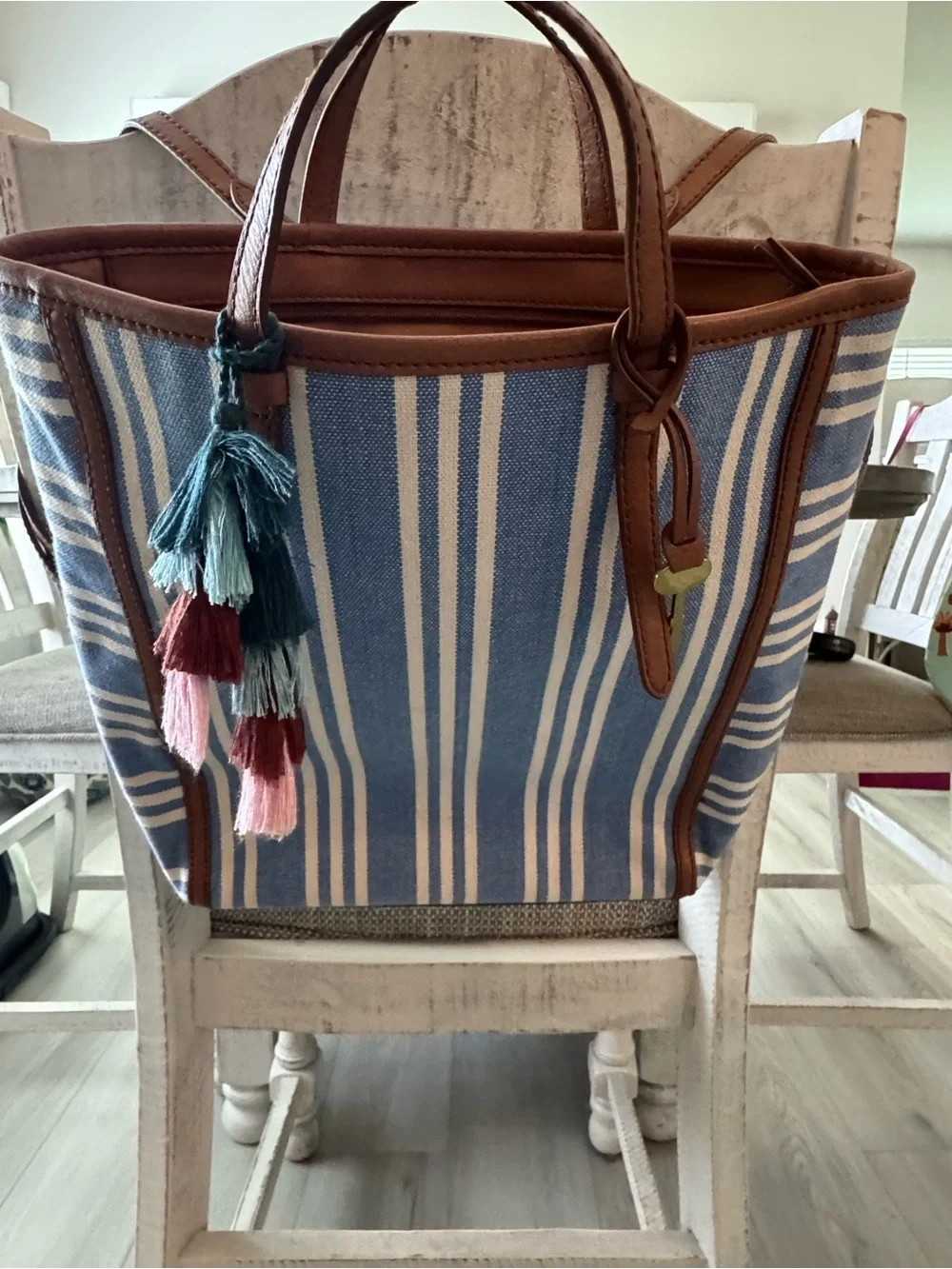 Fossil Blue and White Striped Canvas Tote with Brown Trim